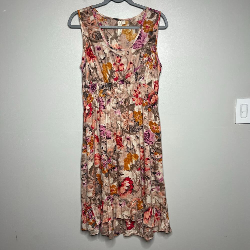 Floral Summer Dress Sz L Cottagecore Prairie Bloomcore Smocked‎ Waist Ruffle Hem